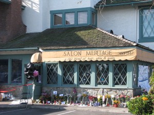 he Salon Meritage hair salon with floral tributes (72Dino via Wikimedia)