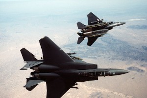A French Mirage and a Saudi F-15 Eagle aircraft collided in midair over Tabuk, Saudi Arabia (public domain)