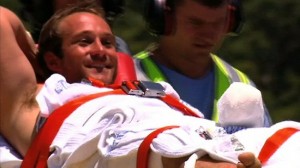 Surfer appears in good mood after escaping bull shark assault. Photo: Channel7/DailyTelegraph.com.au