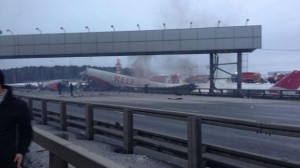 Red Wings Airlines Tupolev Plane Ran Off Runway and Crashed Near Freeway at Vnukovo Airport, in Russia. Photo: Twitter
