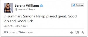 Serena Williams tweet Halep