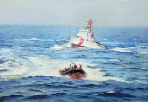 Coast guard trailing boat with illegal migrants (public domain)
